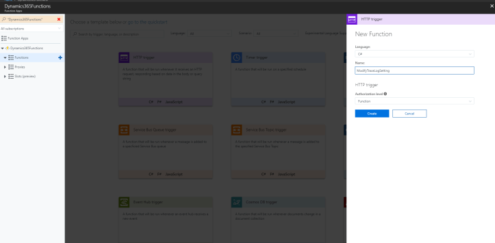 New Function creation screen