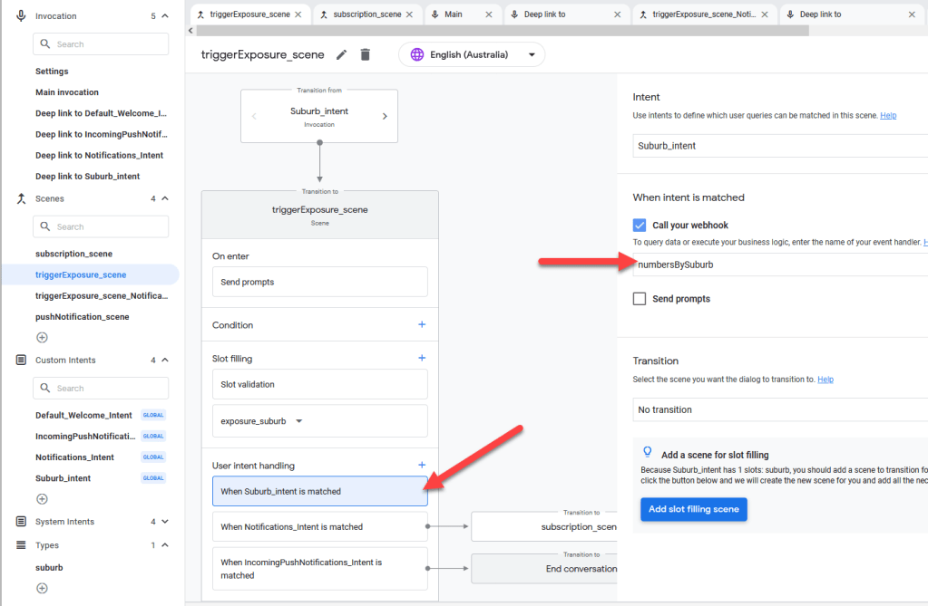 Suburb intent webhook