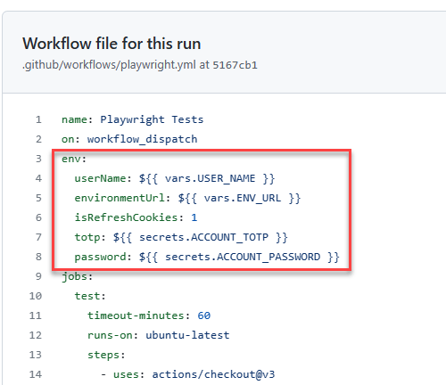 Screenshot: GitHub workflow file with environment variables