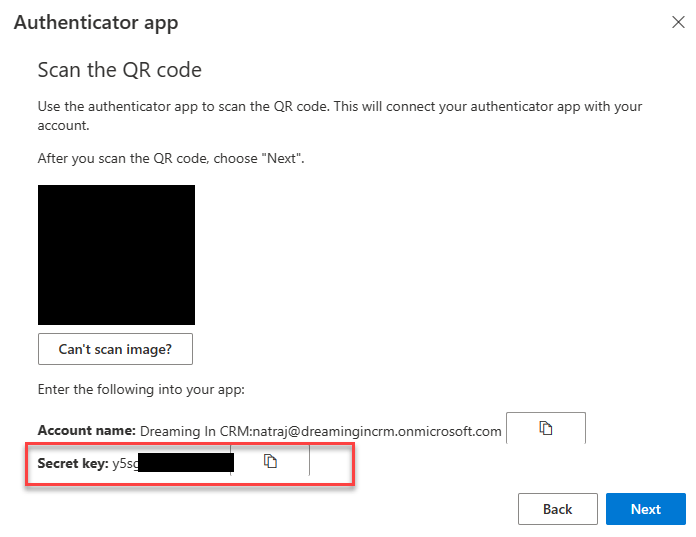 Screenshot: Copying MFA secret
