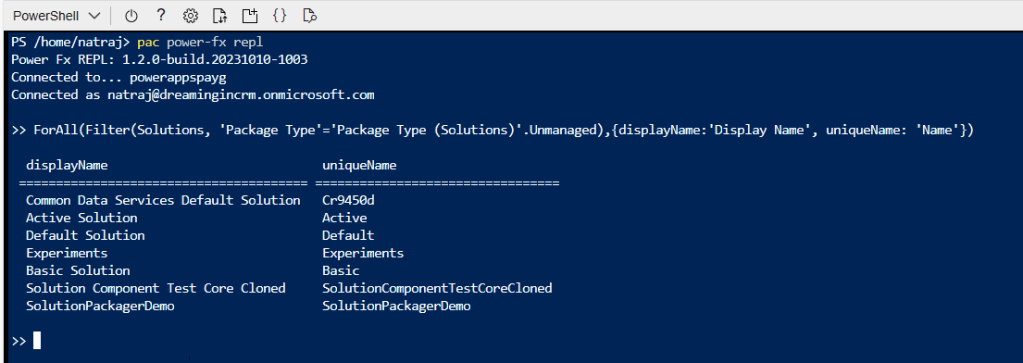 Screenshot of Power Platform CLI Power Fx REPL