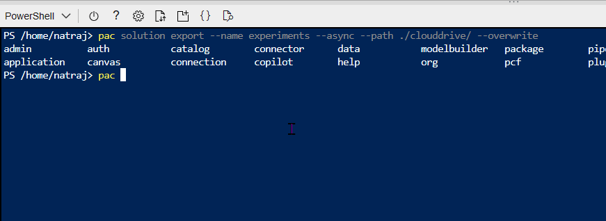 Screenshot of Power Platform CLI Intellisense