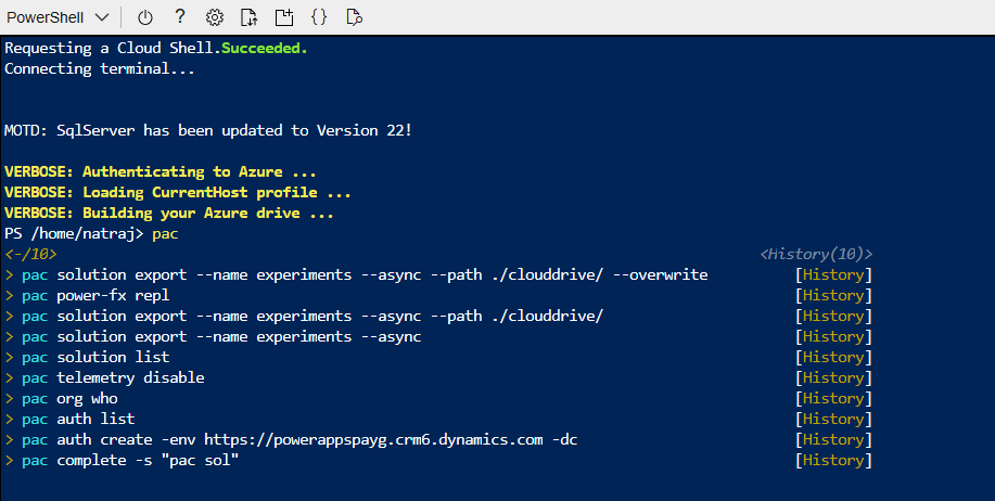 Screenshot of Azure Cloud Shell showing PSReadLine's List mode