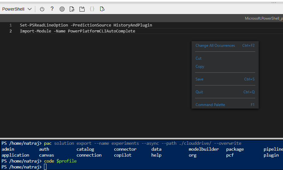 Screenshot of PowerShell profile inside Monaco Editor