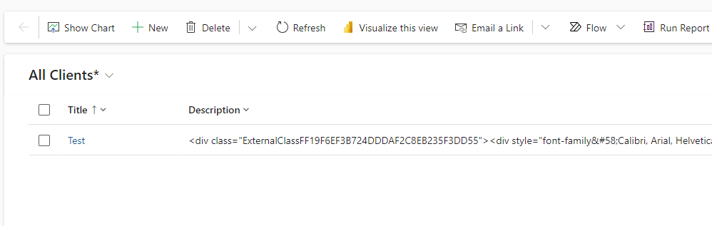 Screenshot of Client table in Power Apps Model Driven App